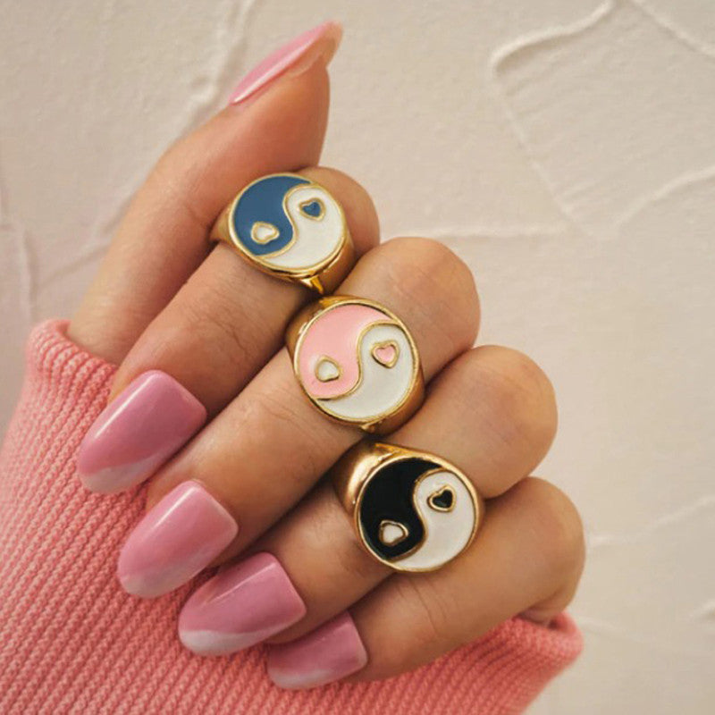 Gold Plated Multicolour Yin Yang Rings Set of 3 For Women