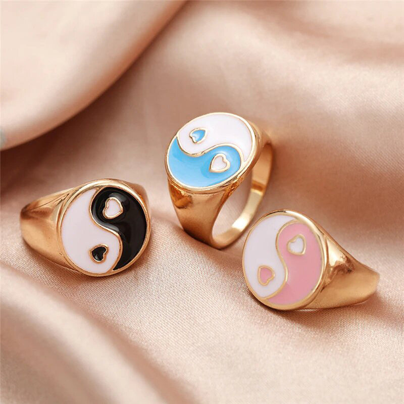 Gold Plated Multicolour Yin Yang Rings Set of 3 For Women