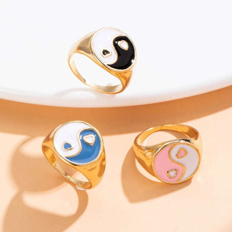 Gold Plated Multicolour Yin Yang Rings Set of 3 For Women