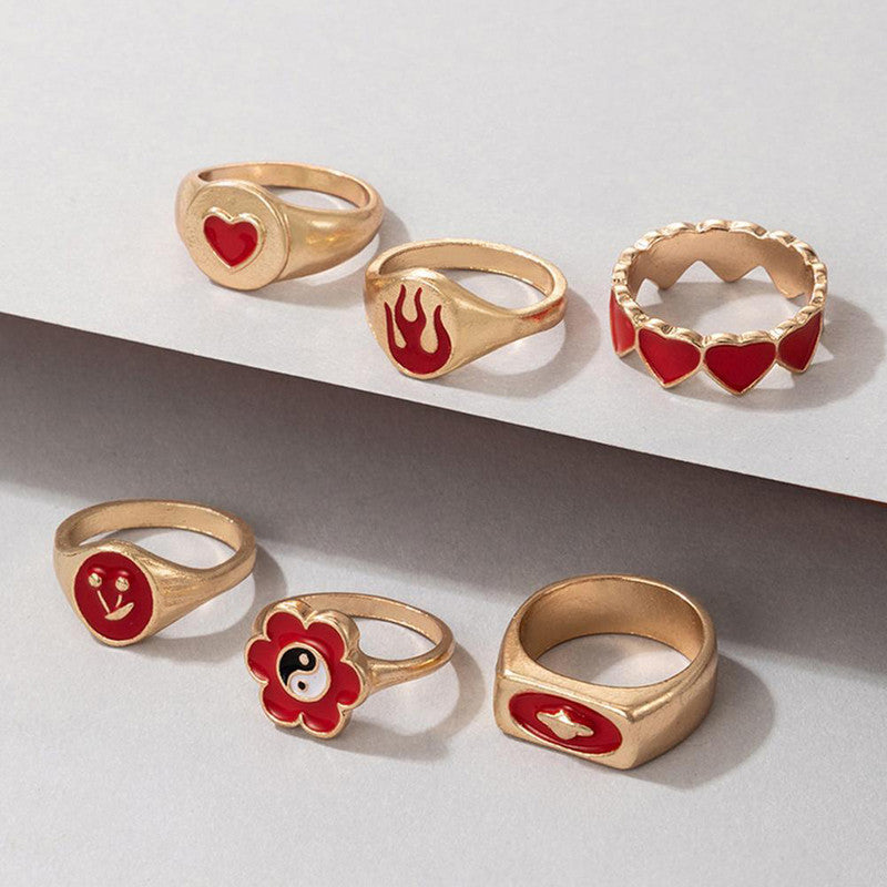 Gold Plated Red Rings Combo Set of 6 For Women