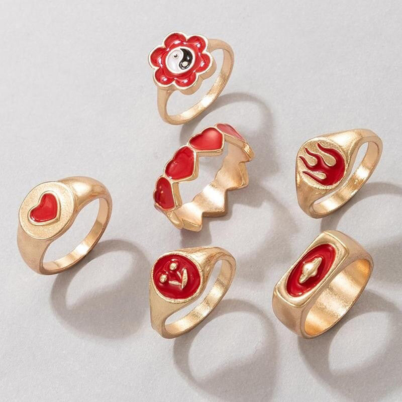 Gold Plated Red Rings Combo Set of 6 For Women