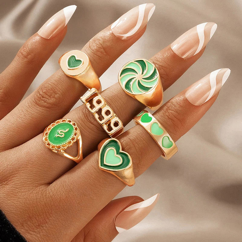 Gold Plated Green Rings Combo Set of 6 For Women