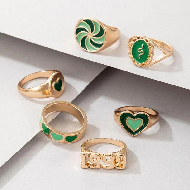 Gold Plated Green Rings Combo Set of 6 For Women