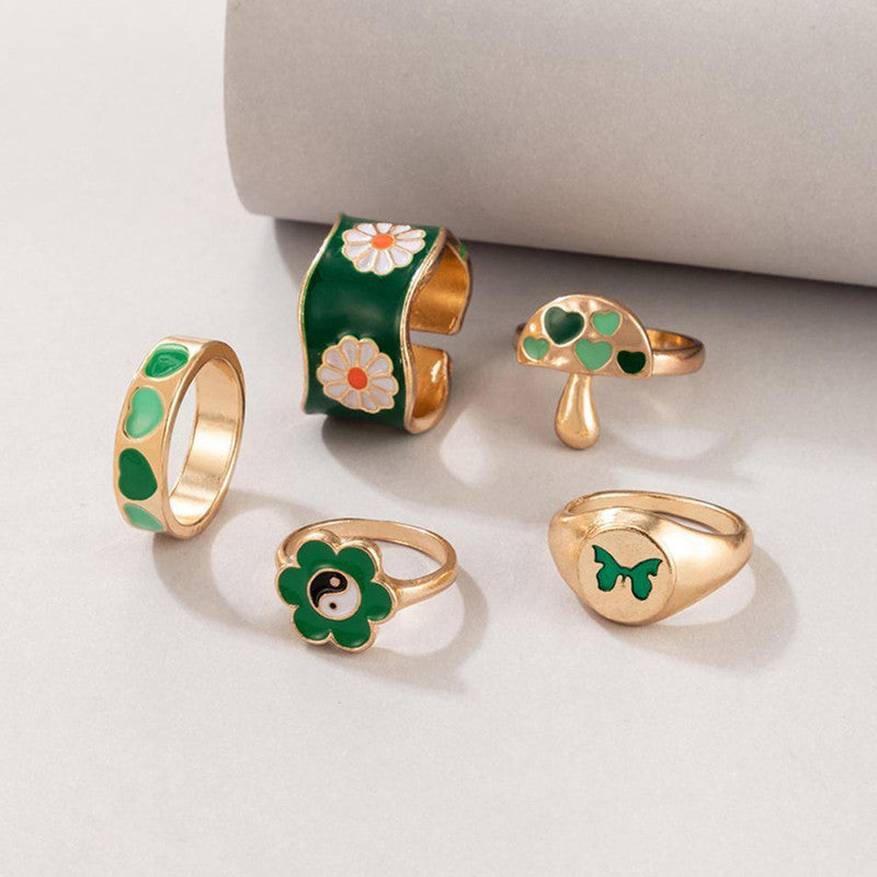 Gold Plated Green Rings Set of 5 For Women