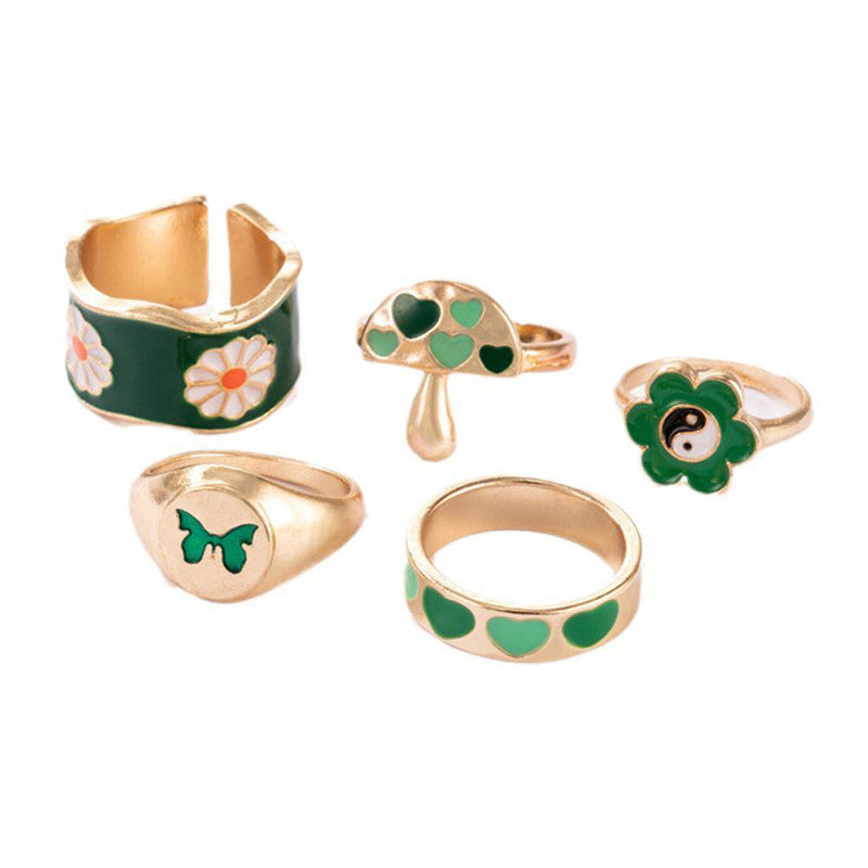 Gold Plated Green Rings Set of 5 For Women