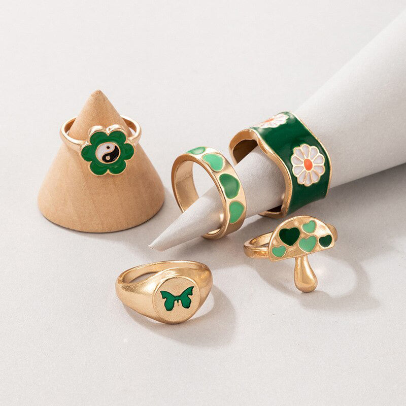 Gold Plated Green Rings Set of 5 For Women