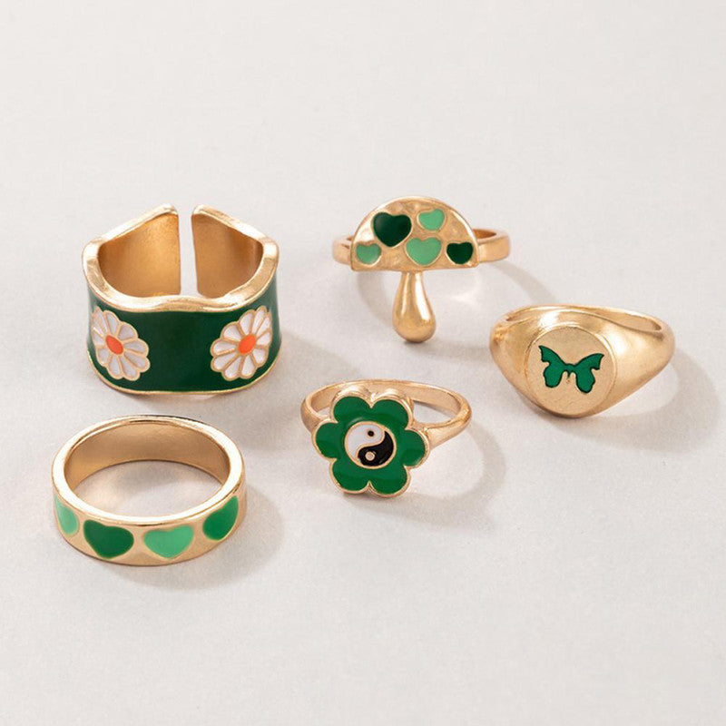 Gold Plated Green Rings Set of 5 For Women