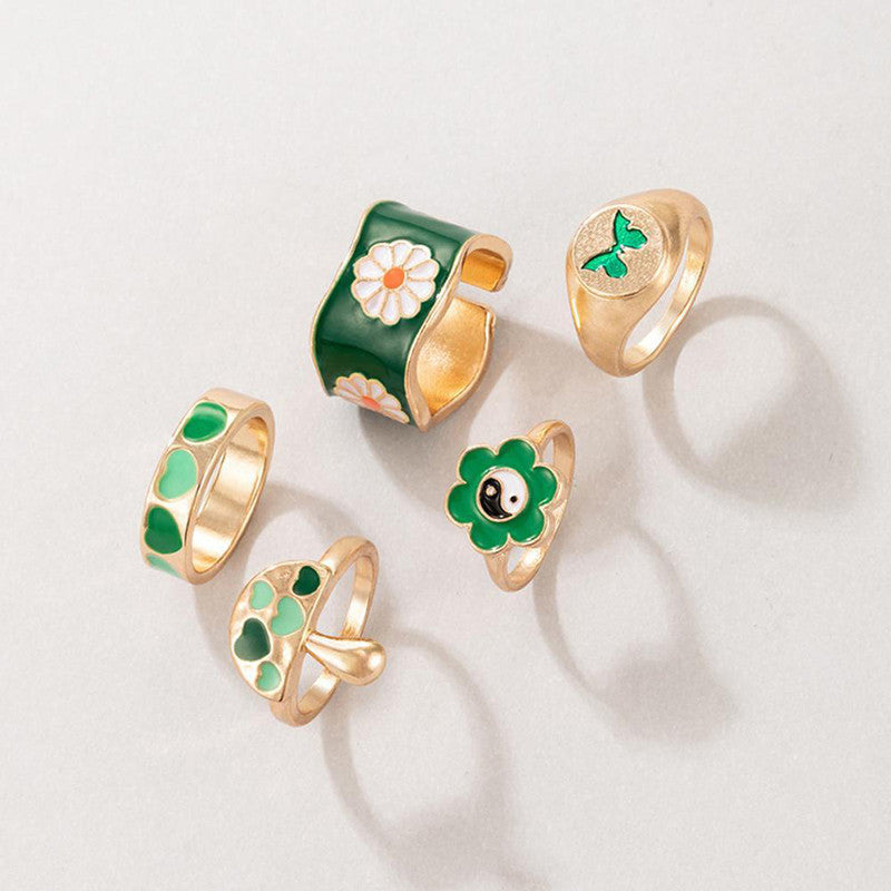 Gold Plated Green Rings Set of 5 For Women