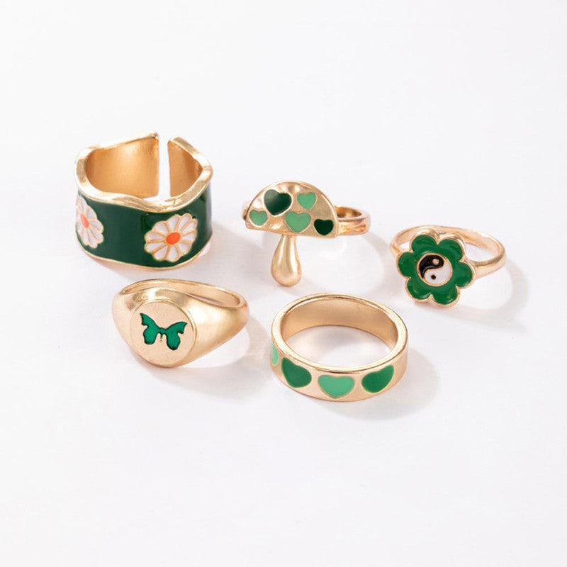 Gold Plated Green Rings Set of 5 For Women