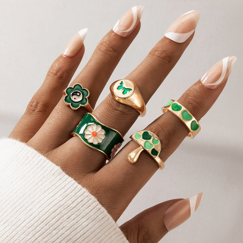 Gold Plated Green Rings Set of 5 For Women