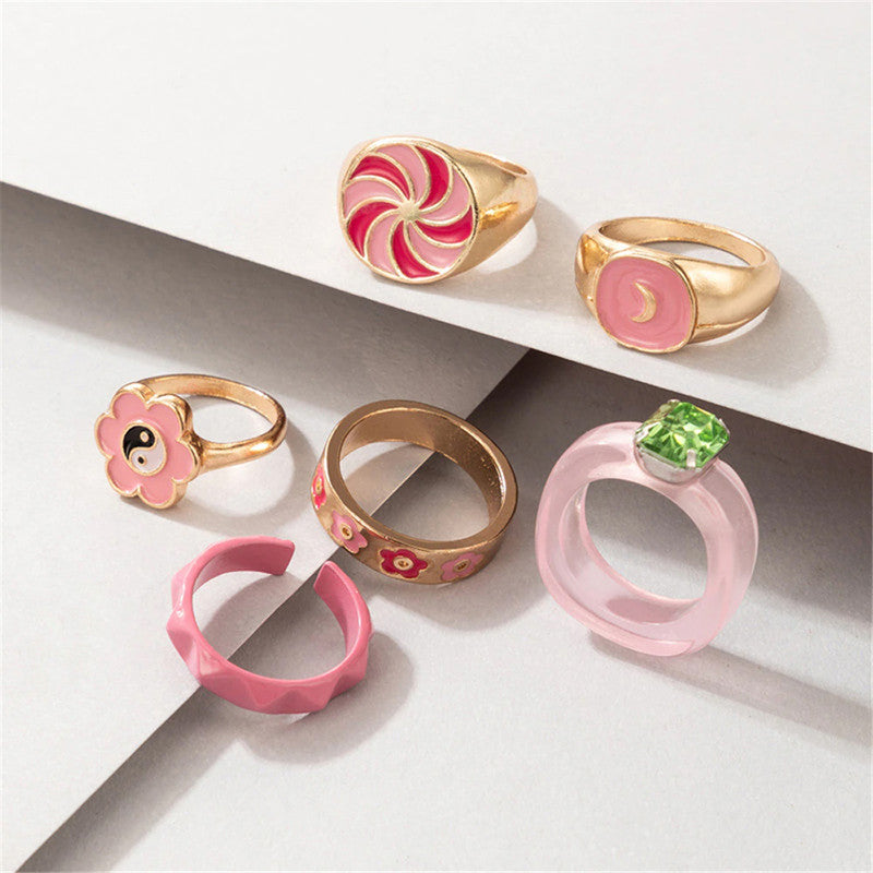 Gold Plated Multicolour Rings Set of 6 For Women - MySmartBazaar