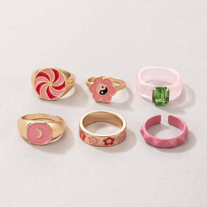 Gold Plated Multicolour Rings Set of 6 For Women