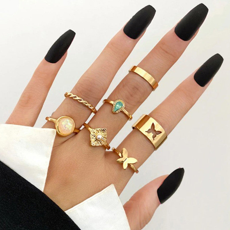 Gold Plated Rings Set of 7 For Women