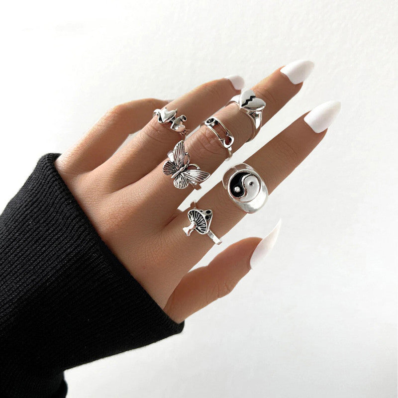 Silver-Plated Silver-Toned  Rings Set of 6 For Women