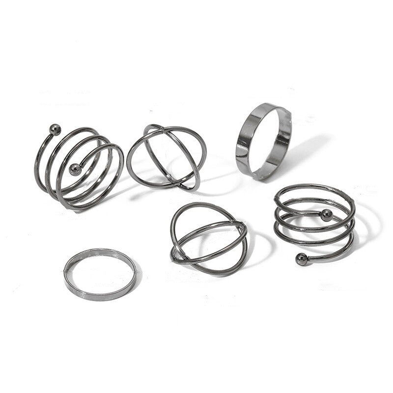 Silver Plated Black-Toned Rings Set of 6 For Women