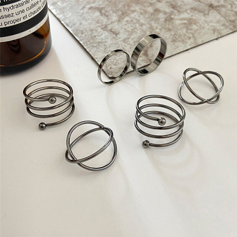 Silver Plated Black-Toned Rings Set of 6 For Women