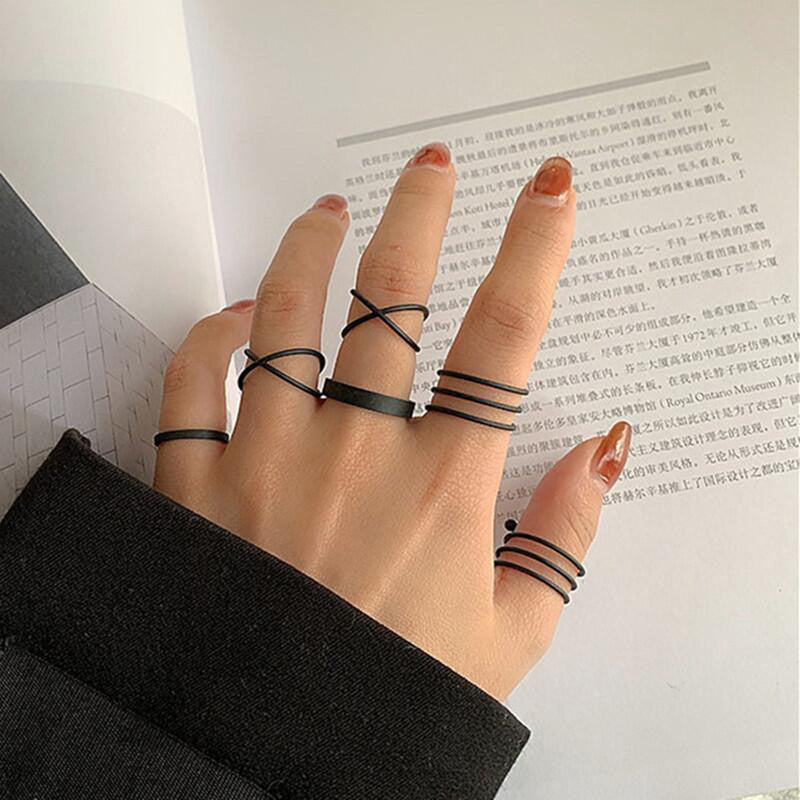 Silver Plated Black-Toned Rings Set of 6 For Women