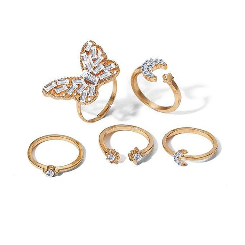 Gold Plated Butterfly Rings Set of 5 For Women