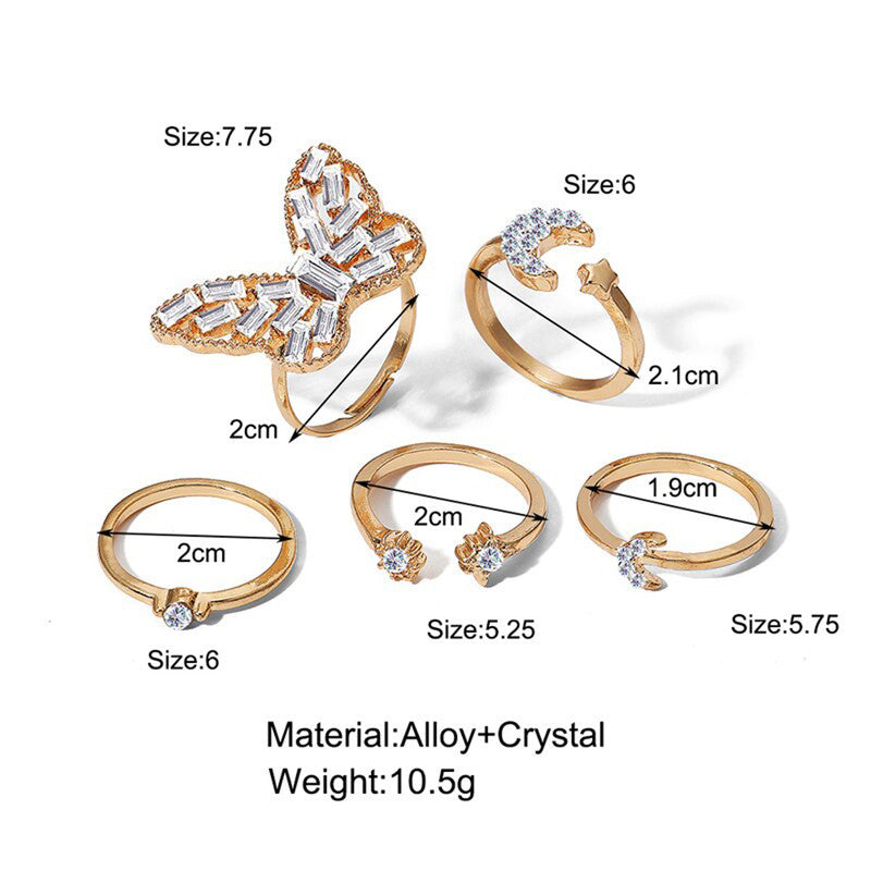 Gold Plated Butterfly Rings Set of 5 For Women