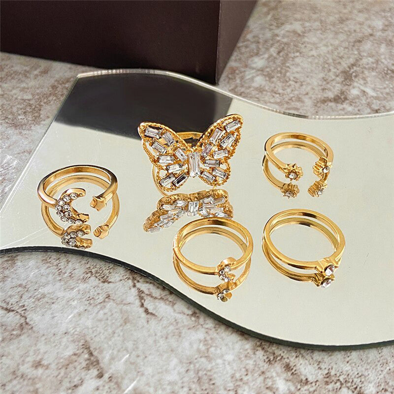 Gold Plated Butterfly Rings Set of 5 For Women