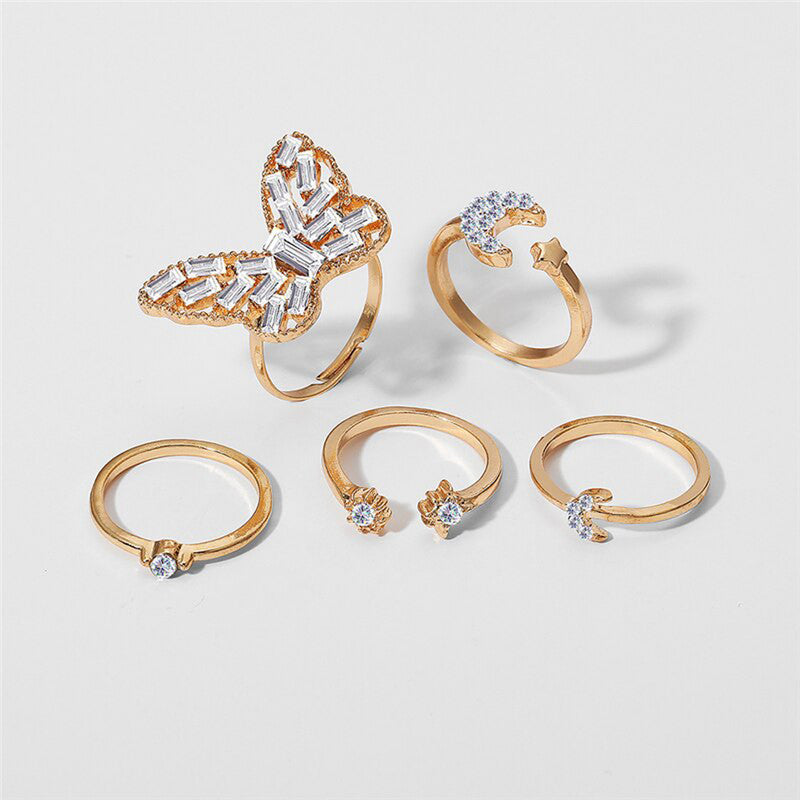 Gold Plated Butterfly Rings Set of 5 For Women