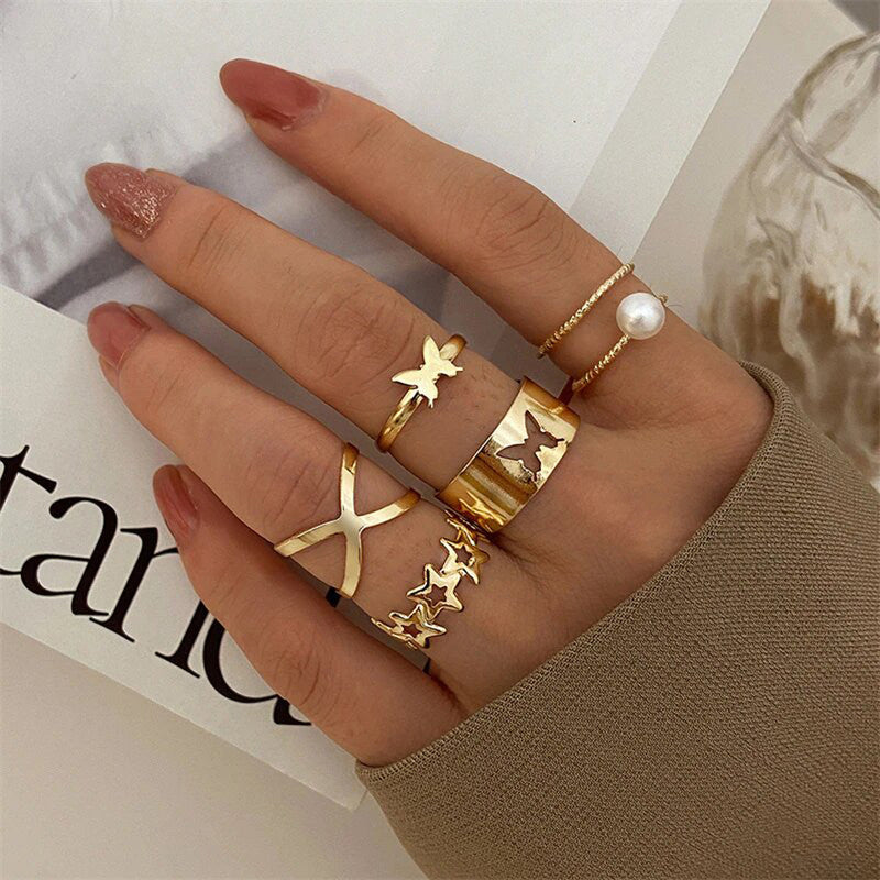 Gold Plated Stars Rings Set of 5 For Women