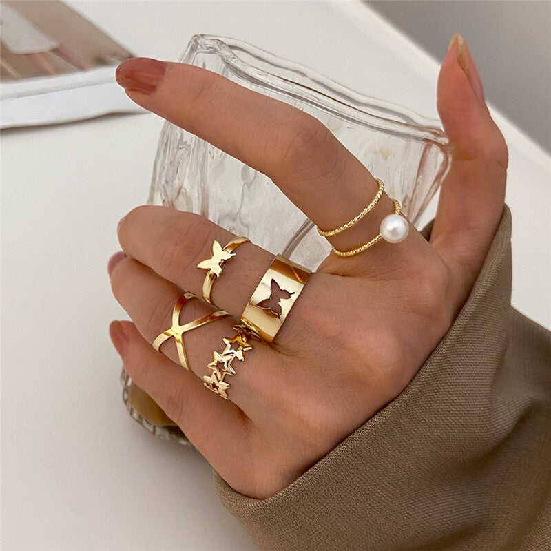 Gold Plated Stars Rings Set of 5 For Women