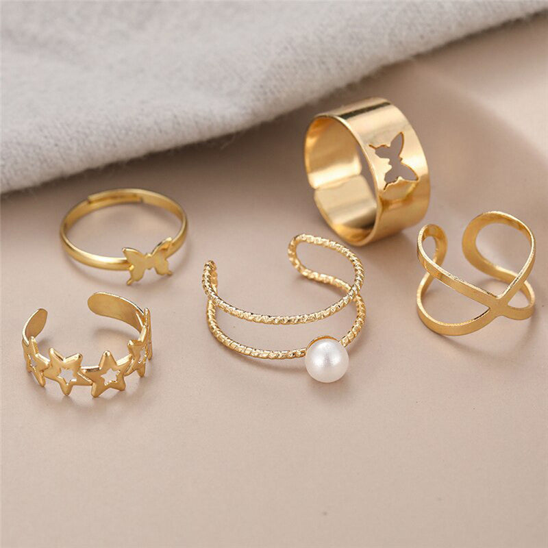 Gold Plated Stars Rings Set of 5 For Women