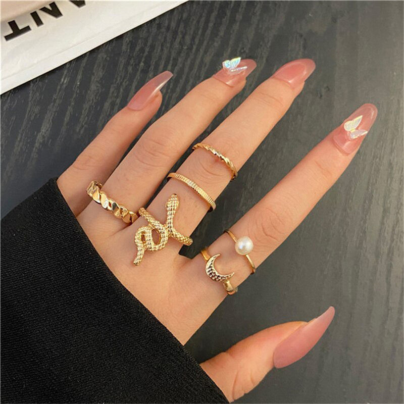 Gold Plated Snake Rings Set of 6 For Women