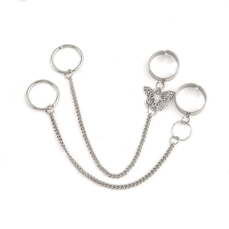 Silver Plated Silver-Toned Chain Ring Set of 2 For Women