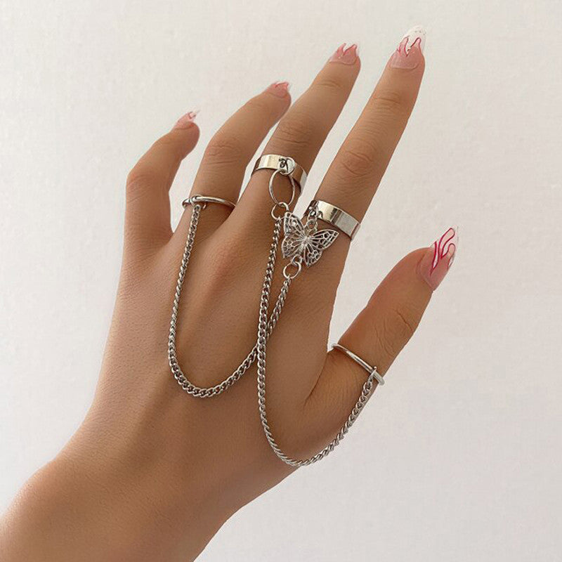 Silver Plated Silver-Toned Chain Ring Set of 2 For Women