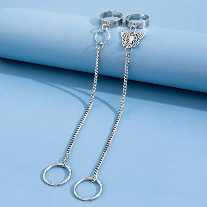 Silver Plated Silver-Toned Chain Ring Set of 2 For Women