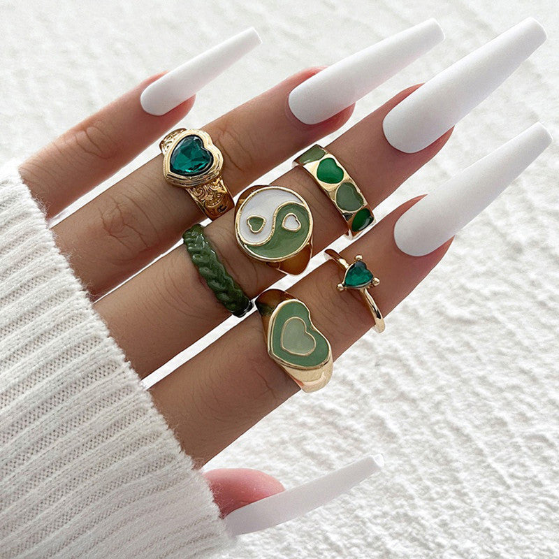 Gold Plated Green Stackable Rings Set of 6 For Women