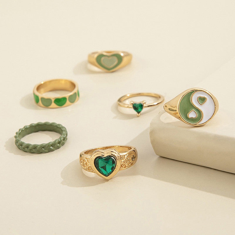 Gold Plated Green Stackable Rings Set of 6 For Women