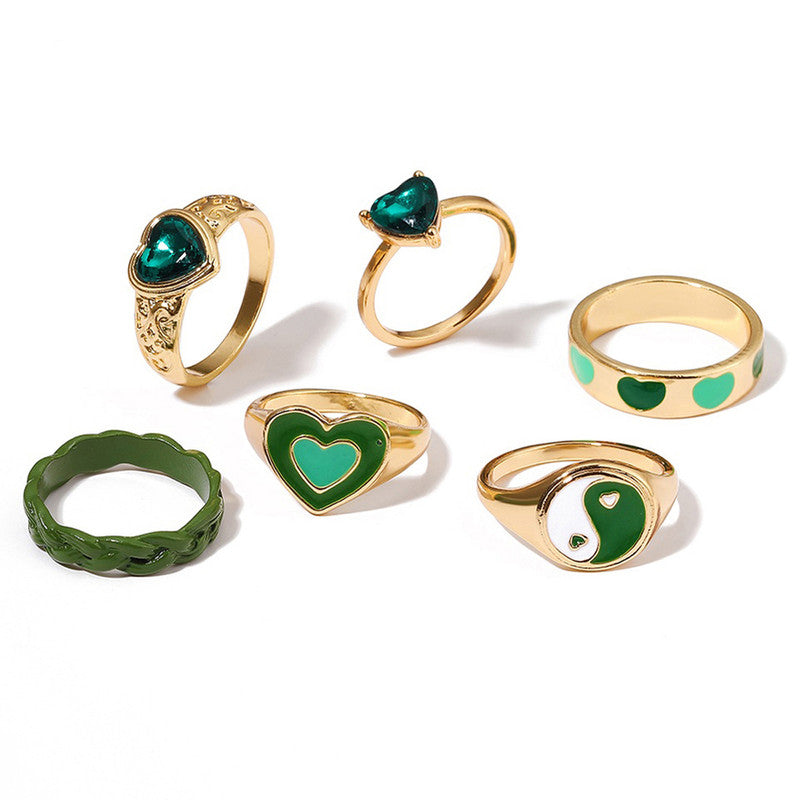 Gold Plated Green Stackable Rings Set of 6 For Women