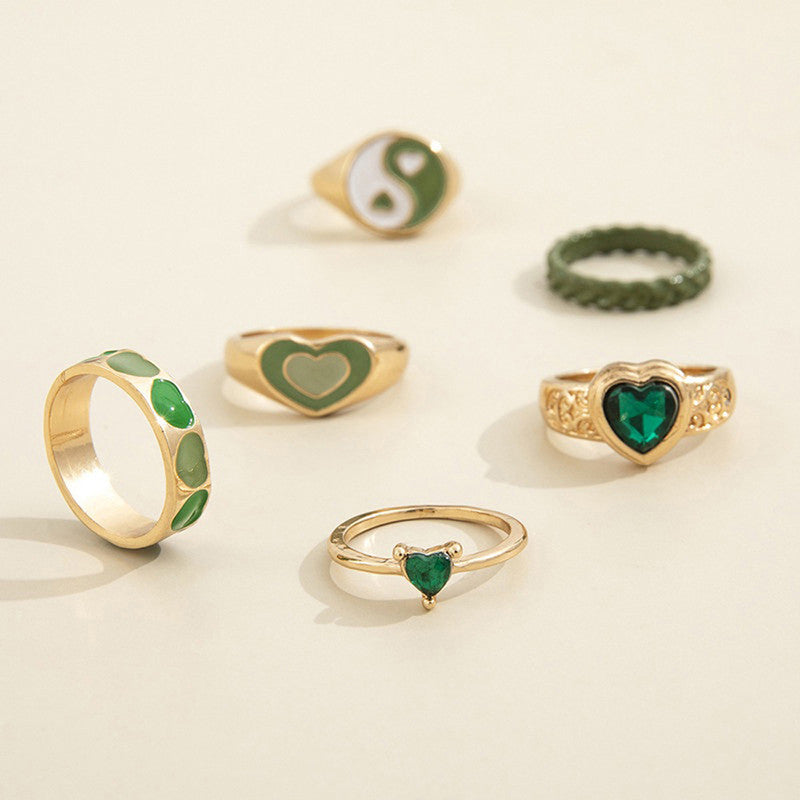 Gold Plated Green Stackable Rings Set of 6 For Women