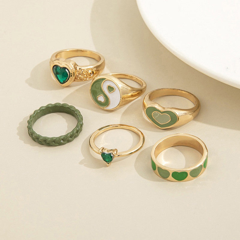 Gold Plated Green Stackable Rings Set of 6 For Women