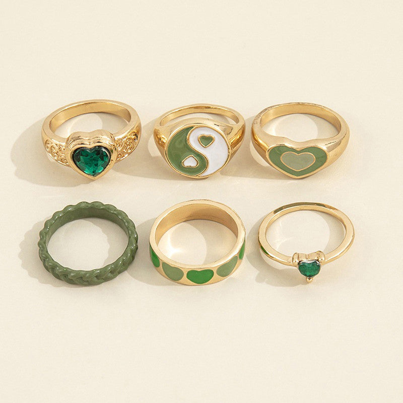 Gold Plated Green Stackable Rings Set of 6 For Women