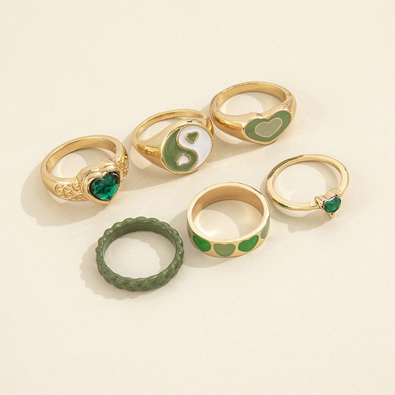 Gold Plated Green Stackable Rings Set of 6 For Women