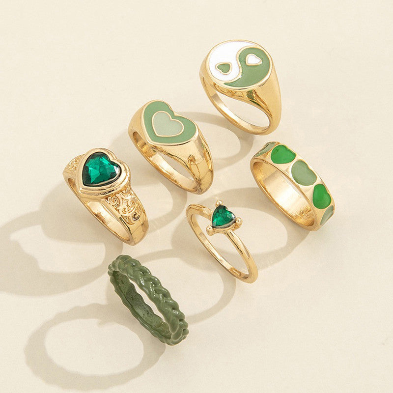 Gold Plated Green Stackable Rings Set of 6 For Women