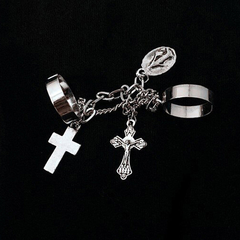 Silver Plated Silver-Toned Cross Chain Ring For Women