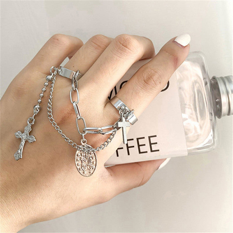 Silver Plated Silver-Toned Cross Chain Ring For Women