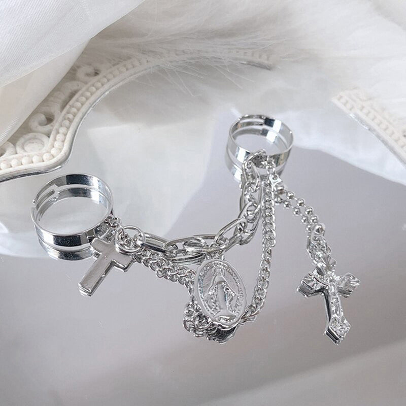 Silver Plated Silver-Toned Cross Chain Ring For Women