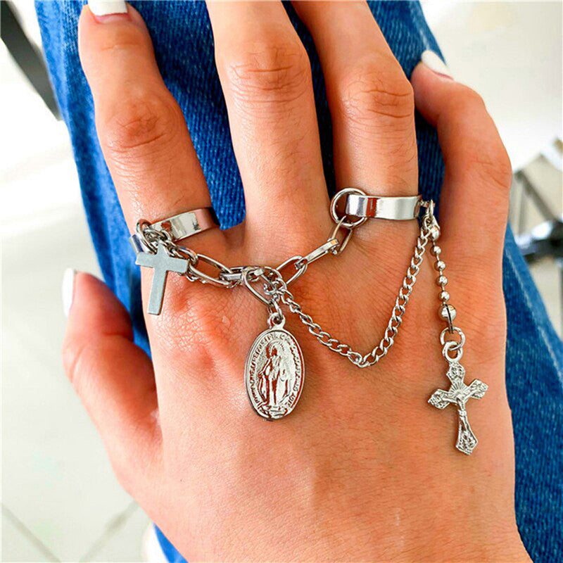 Silver Plated Silver-Toned Cross Chain Ring For Women