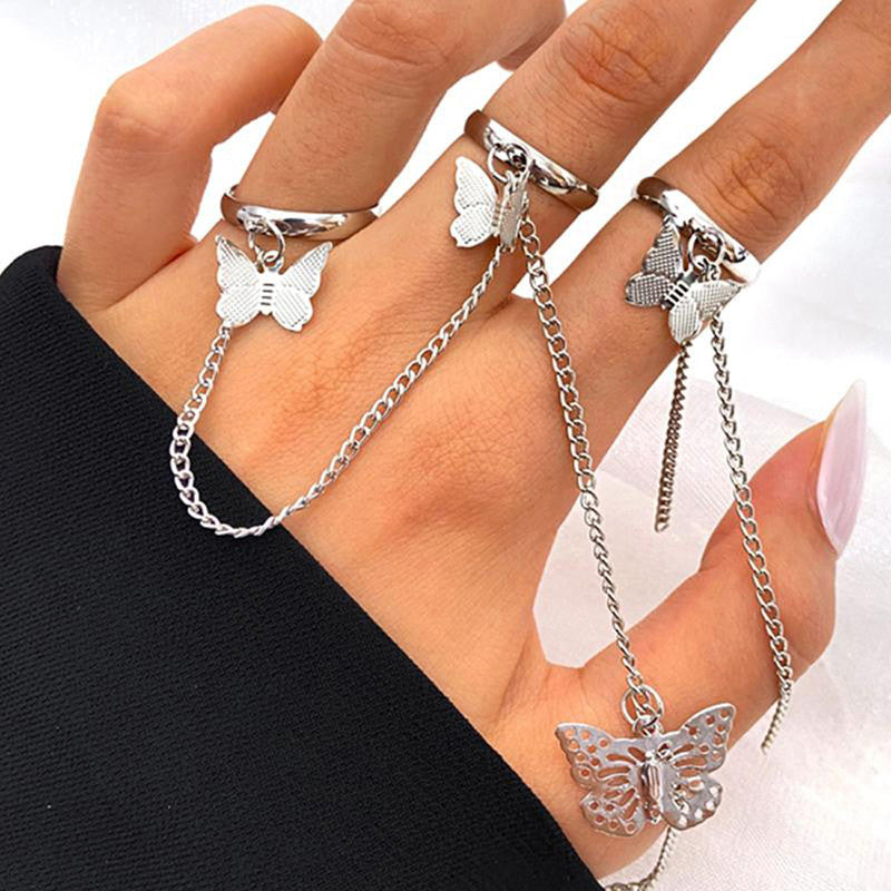 Silver Plated Silver Toned Butterfly Inspired Chain Rings Set of 2 For Women