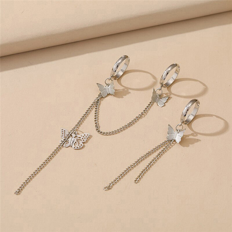 Silver Plated Silver Toned Butterfly Inspired Chain Rings Set of 2 For Women