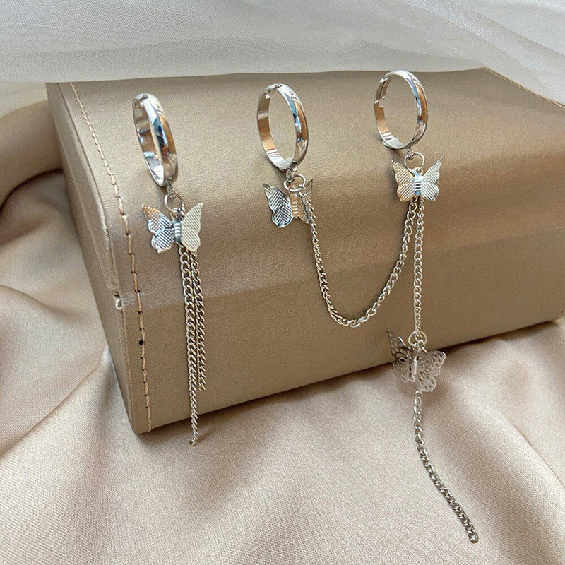 Silver Plated Silver Toned Butterfly Inspired Chain Rings Set of 2 For Women