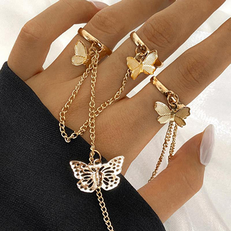 Gold Plated Gold Toned Butterfly Inspired Chain Rings Set of 2 For Women