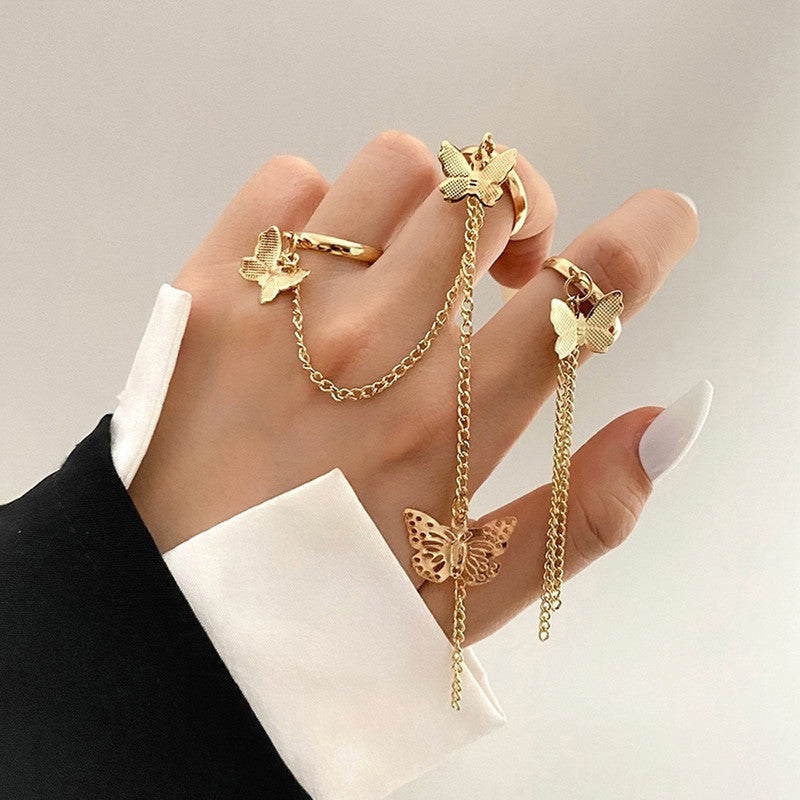 Gold Plated Gold Toned Butterfly Inspired Chain Rings Set of 2 For Women