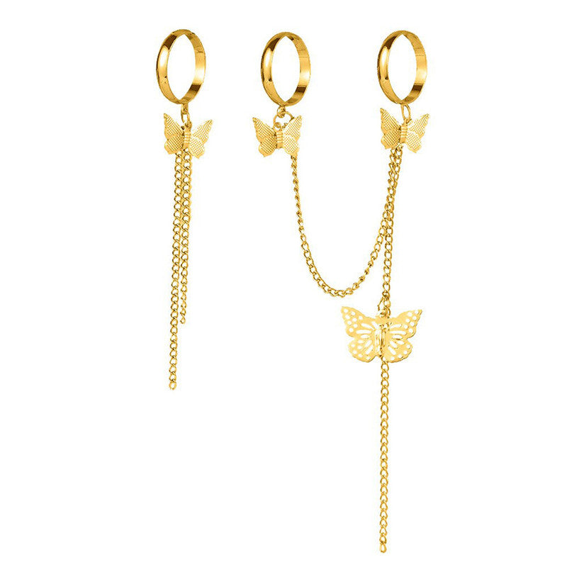 Gold Plated Gold Toned Butterfly Inspired Chain Rings Set of 2 For Women